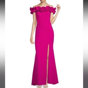 Xscape off the shoulder cap sleeve ruffled thigh high slit crepe gown